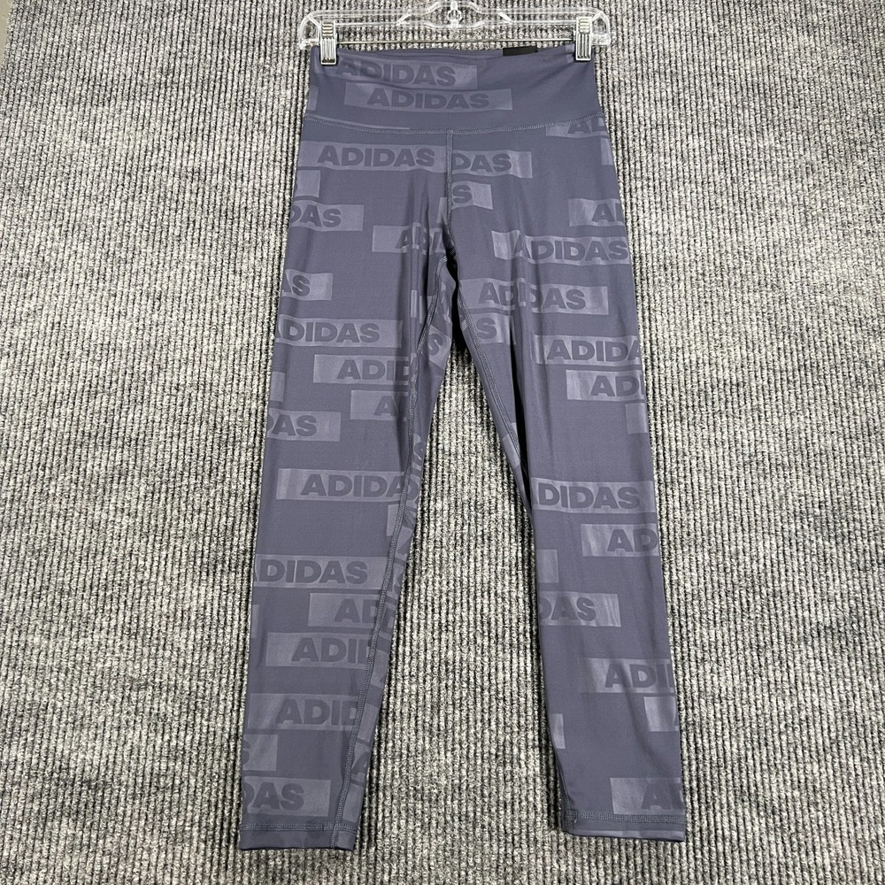 Adidas Leggings Womens Medium Blue Logo Print High Rise Stretch Athletic 7/8 New